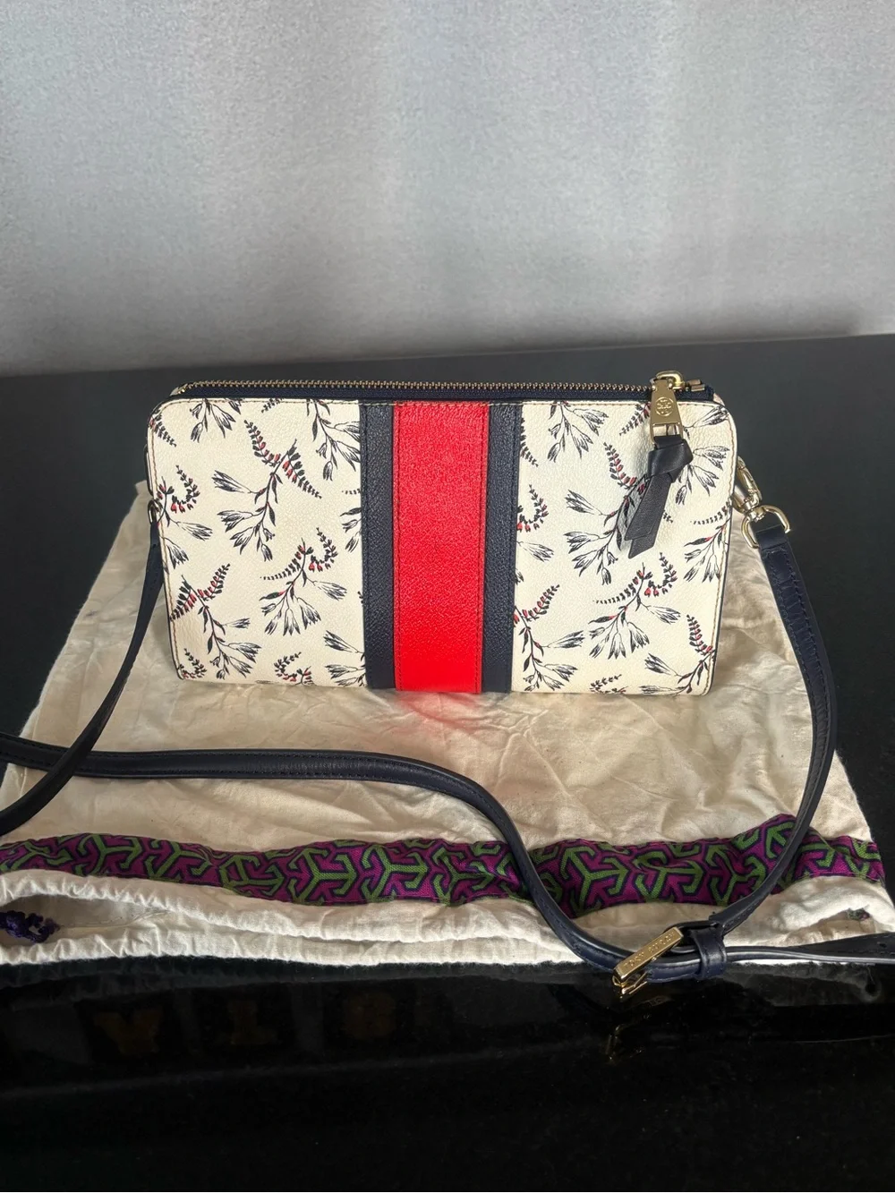 Tory Burch Kerrington red and blue stripe floral Crossbody Bag wallet clutch